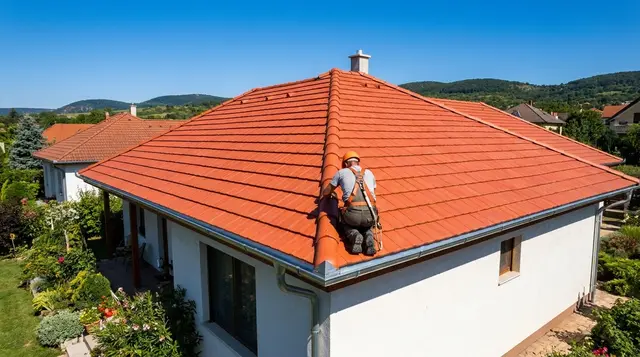 Tetőfedő biztonsági hevederben szereli a gerinccserepeket egy cseréptetős családi házon, ereszcsatornával